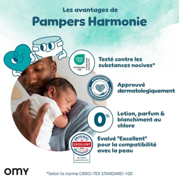 Pampers Harmonie Couches Taille 3 de 6 à 10 kg - 44 couches – Peaux sensibles et 12h au sec