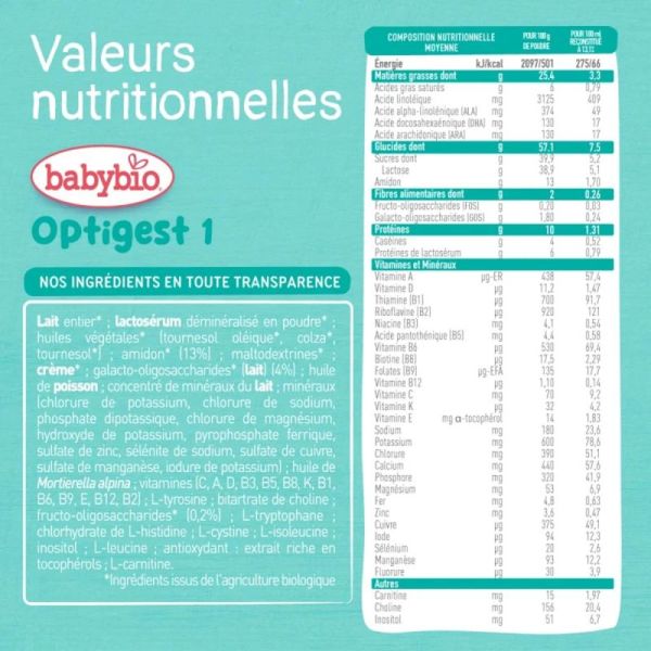 Babybio Optigest Lait Infantile en Poudre 1er Âge +0m Bio - 800g
