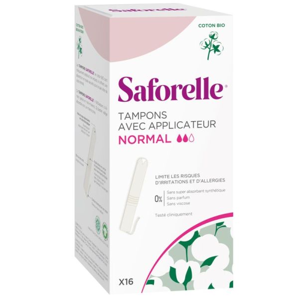 Saforelle Tampons avec Applicateur en Coton Bio - Absorption normale, 16 unités - Limite les risques d'irritations et d'allergies