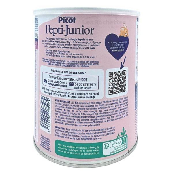 Picot Pepti Junior - Lait Infantile au Riz - Bébé de 0 à 36 mois - Allergie aux PLV - 800g