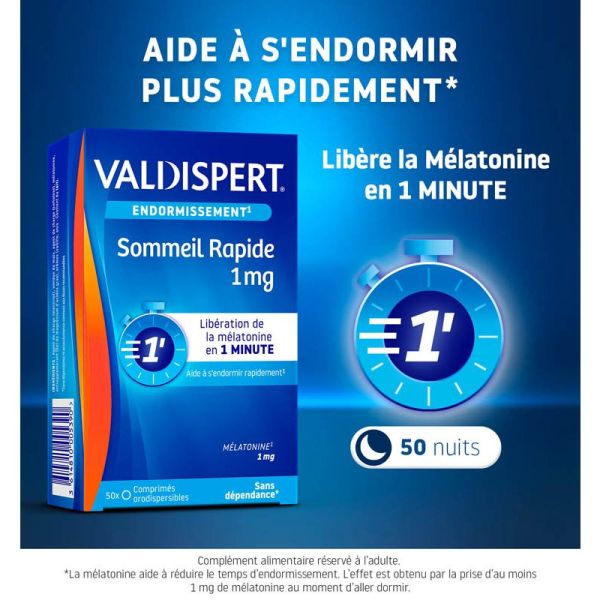 Valdispert Melatonine 1mg Sommeil Rapide - 50 Comprimés - Endormissement facilité, action rapide