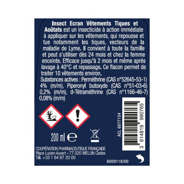 Insect Ecran Spray Insecticide Tiques et Aoûtats Vêtements - 200ml - Protection ciblée sur les textiles