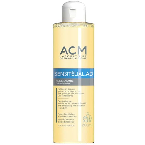 ACM Sensitélial AD Huile Lavante - 200 ml - Nettoie en douceur, nourrit et apaise les peaux très sèches