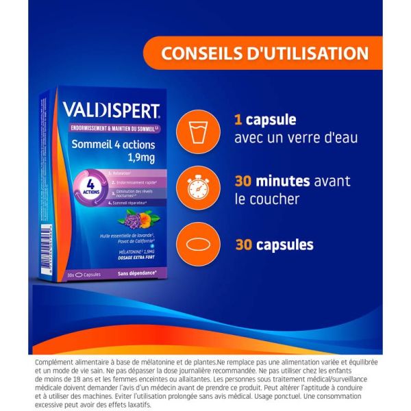 Valdispert Sommeil 4 Actions 1,9mg - 40 comprimés orodispersibles - Endormissement en 1 minute