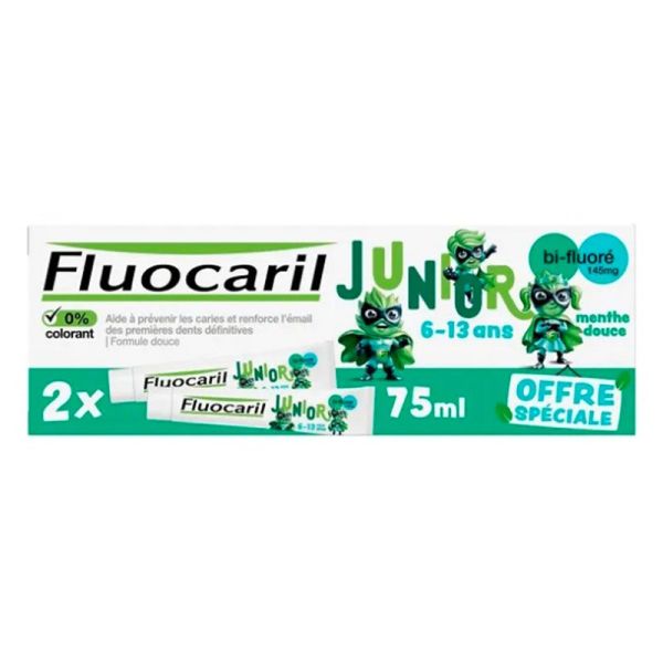 Fluocaril Junior - Dentifrice 6-13 Ans - Menthe Douce - Sans Colorant - Lot de 2 x 75ml