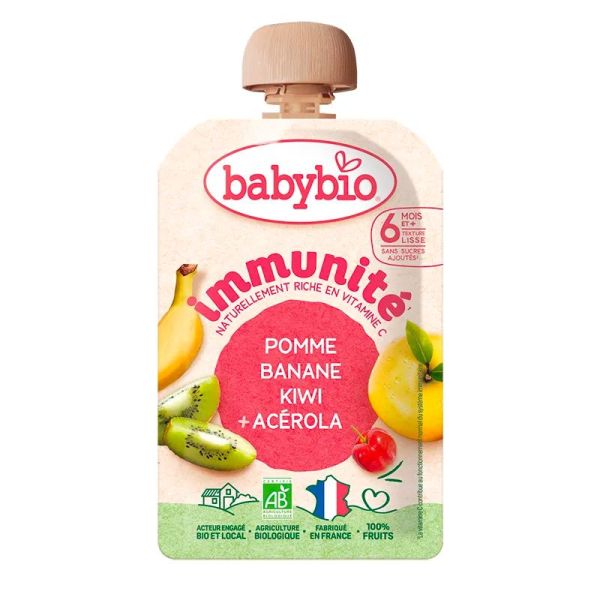 Babybio Immunité Gourde Bio - 100g - Saveur Pomme Banane Kiwi et Acérola - 6 Mois et Plus
