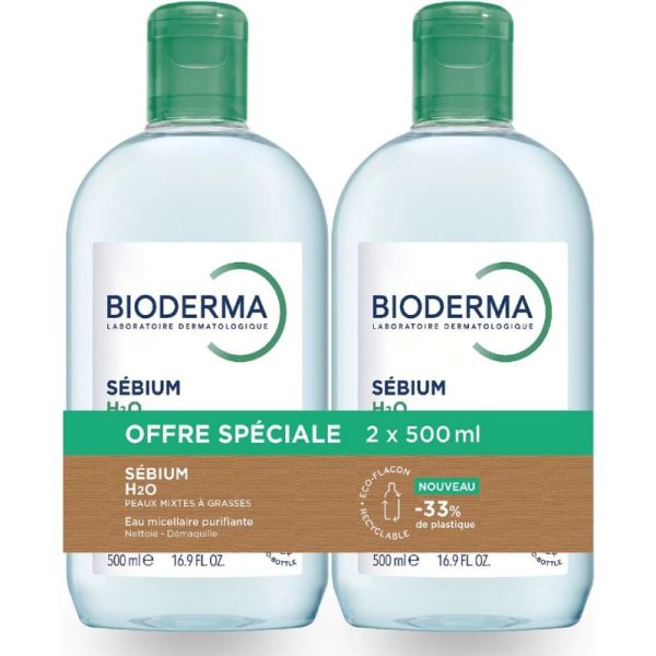 Bioderma Sebium H2O Eau Micellaire Purifiante Peau Mixte à Grasse & à Tendance Acnéique - 2 x 500ml