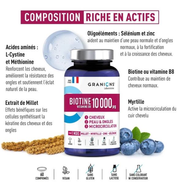 Granions Biotine 10 000 Microgrammes 60 Comprimés - Cheveux, peau et ongles renforcés
