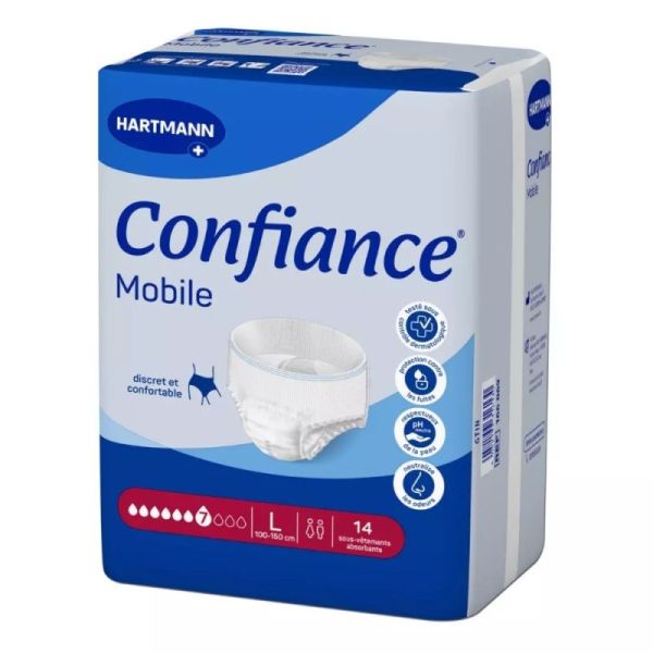 Confiance Mobile 7 Gouttes Taille L – 14 slips absorbants jour et nuit, discret et confortable, absorption rapide