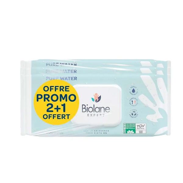 Biolane Lingettes Pur Water - À base d'eau purifiée - 3x60 lingettes