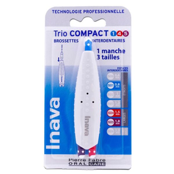 Inava Trio Compact - 1 Manche + 3 Brossettes Interdentaires - Taille 1/4/5 - 0,8mm + 1,5mm + 1,8mm