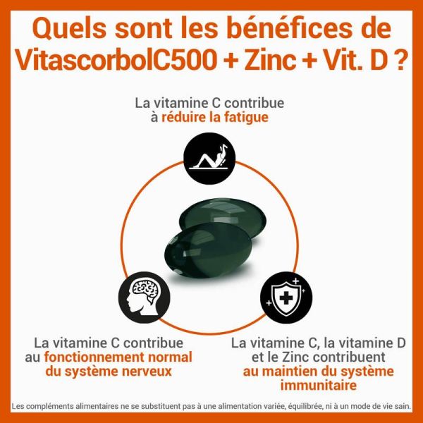 Vitascorbol C500 + Zinc + Vitamine D - 30 Capsules - Anti Fatigue et Renfort du Système Immunitaire