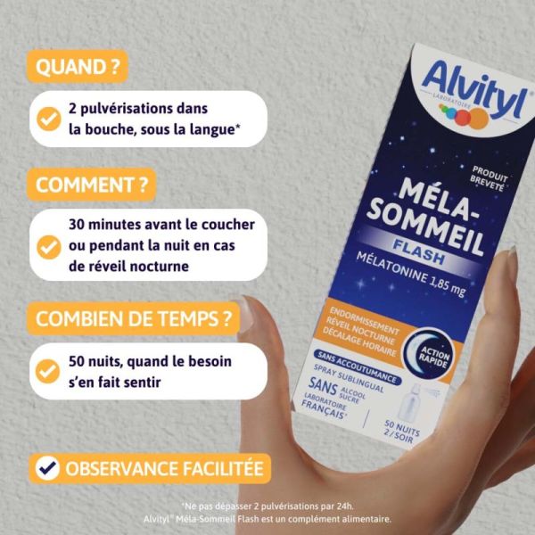 Alvityl Mela-Sommeil Flash Spray 20ml - Réveil nocturne, endormissement, décalage horaire