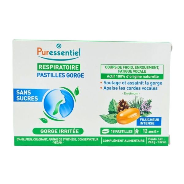 Puressentiel Respiratoire Pastilles Gorge Sans Sucres 18 pastilles - Apaisement de la gorge et des cordes vocales