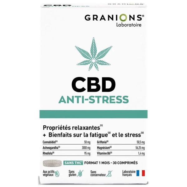 Granions CBD Anti-stress - Complément Relaxant - Gestion du Stress, Détente - 30 Comprimés