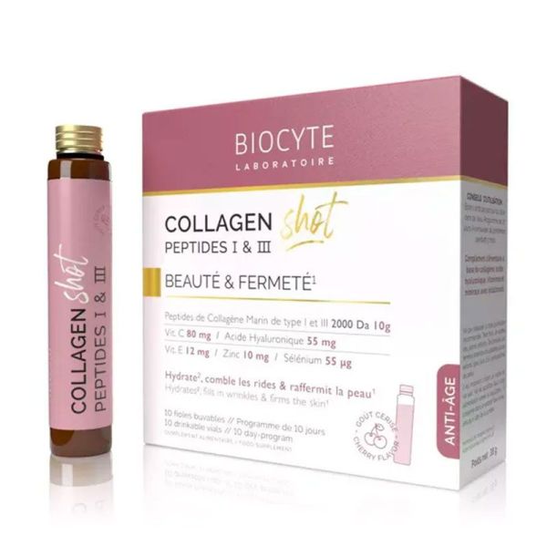 Biocyte Collagen Shot Peptides I et III - Action Hydratante et Anti-Âge - Goût Cerise - 10 fioles