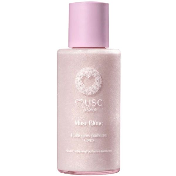 Musc Intime Huile Glow Pailletée Corps Musc Blanc 100 ml – Huile sèche nutritive sublimatrice nacrée