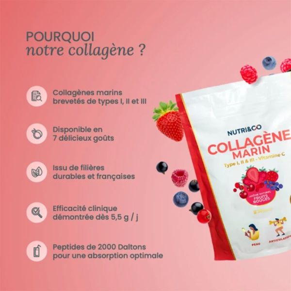 Nutri&Co Le Collagène Marin Type I II III et Vitamine C Fruits Rouges 180g – Jeunesse et articulations