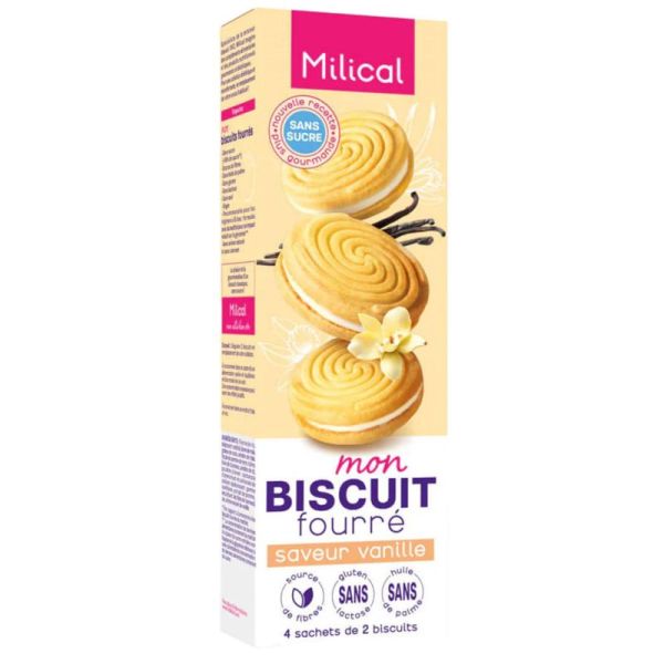 Milical Biscuits Fourrés Saveur Vanille - 4 sachets de 2 biscuits diététiques sans sucres ajoutés