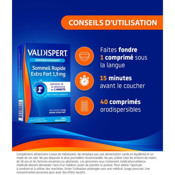 Valdispert Sommeil Rapide Mélatonine 1,9mg - Lot de 2 x 40 comprimés orodispersibles - Endormissement en 1 minute
