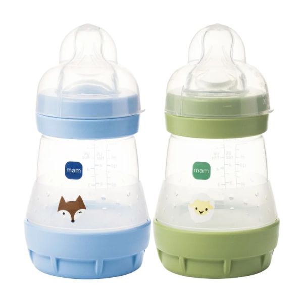 Mam Easy Start Lot de 2 Biberons Anti Colique - Débit Lent - Âge 0+ - 2x160ml - Décor : Renard + Mouton