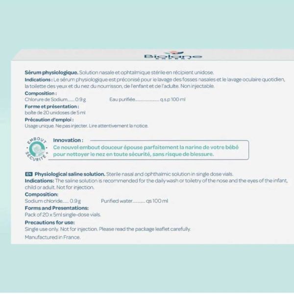 Biolane Sérum Physiologique 20 Unidoses de 5 ml - Hygiène Nez, Yeux et Oreilles