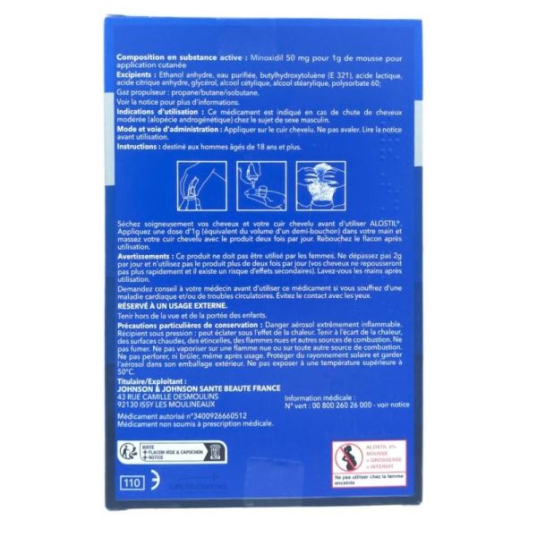 Alostil Minoxidil 5% - 3 flacons de 60g - Mousse pour application cutanée