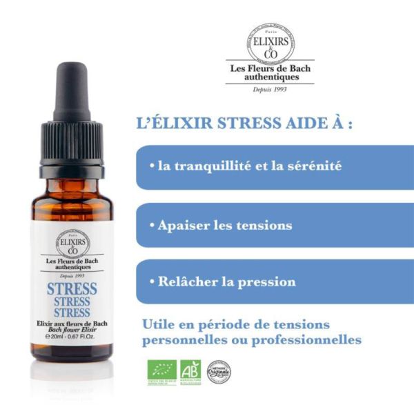 Elixirs & Co Élixir Bio Stress Fleurs de Bach 20ml – Sérénité et lâcher-prise