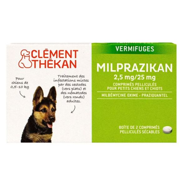 Clément Thékan Milprazikan Chiens 2,5 mg / 25 mg - 2 Comprimés - Vermifuge Polyvalent pour Chiens de 0,5 à 10 kg