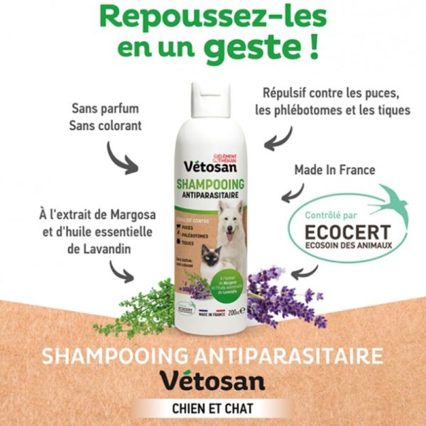 Clément Thékan Vétosan Shampoing Antiparasitaire - 200ml - Chiens et Chats - Repousse, protège et respecte la peau