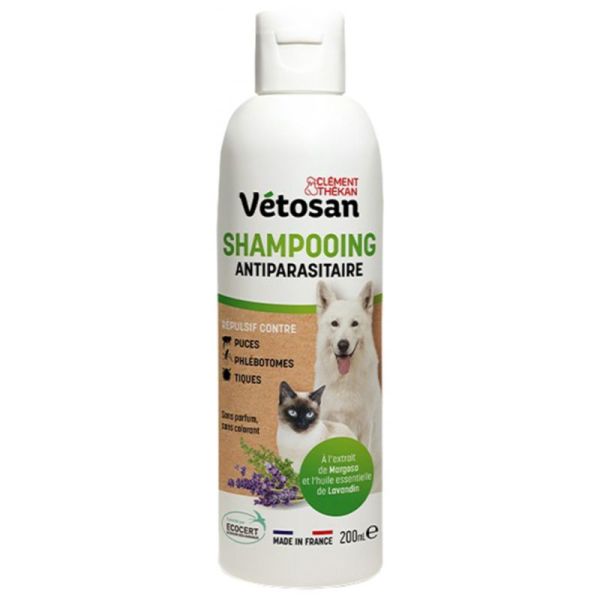 Clément Thékan Vétosan Shampoing Antiparasitaire - 200ml - Chiens et Chats - Repousse, protège et respecte la peau