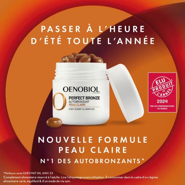 Oenobiol Perfect Bronze Autobronzant - 30 Capsules - Peau Claire - Hâle Naturel et Uniforme