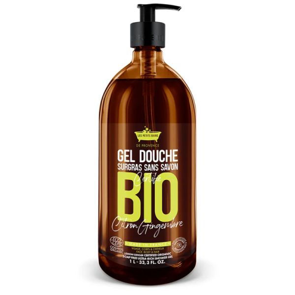 Les Petits Bains de Provence Gel Douche Bio - 1 Litre - Citron Gingembre - Revigorant, Tonifiant et Rafraîchissant