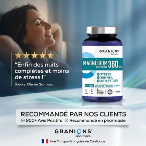 Granions Magnésium Bisglycinate 360 mg 60 comprimés – anti-fatigue, réduit le stress et améliore le sommeil