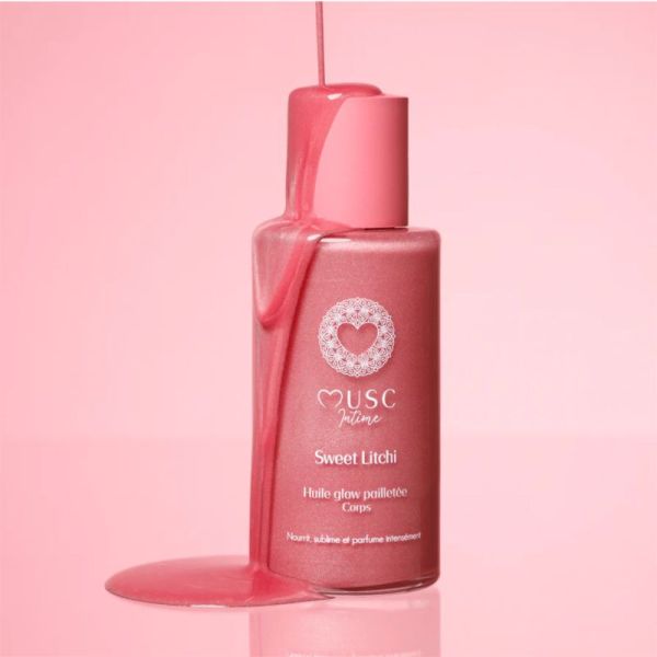 Musc Intime Huile Glow Pailletée Corps Sweet Litchi 100 ml – Huile sèche nutritive sublimatrice nacrée