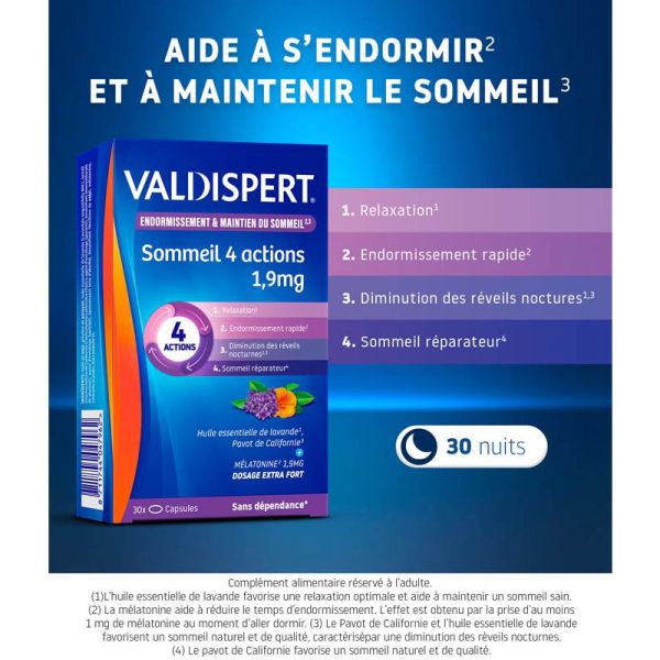 Valdispert Sommeil 4 Actions 1,9mg - 40 comprimés orodispersibles - Endormissement en 1 minute