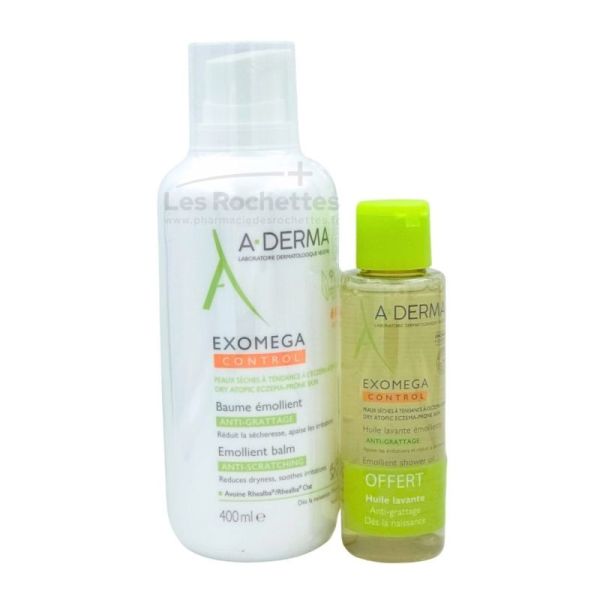 A-Derma Exomega Control Baume Émollient Anti-Grattage 400ml + Huile Lavante 100ml OFFERTE – Peaux atopiques