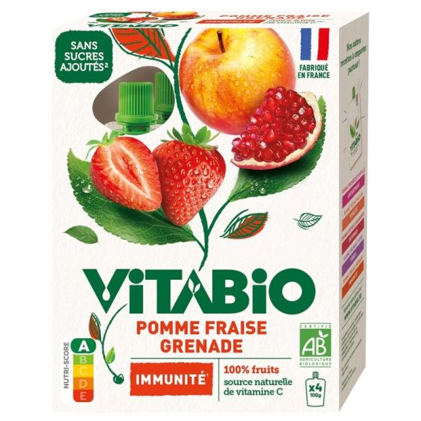 Vitabio Gourde de Fruits Pomme, Fraise et Grenade Bio Sans Sucres Ajoutés - 4 x 100g