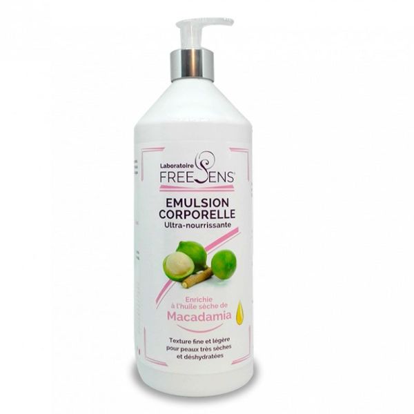 Freesens Emulsion Corporelle Ultra-nourrissante - Huile Sèche de Macadamia - Peaux Sèches - 1 Litre