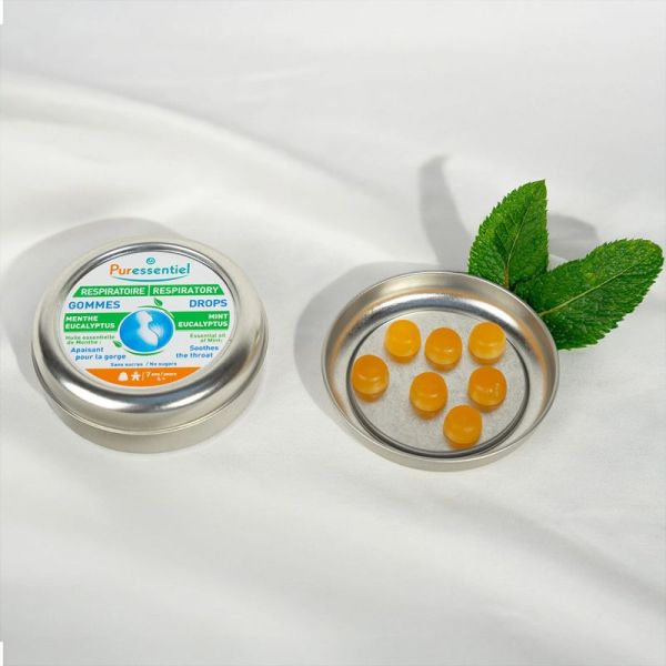 Puressentiel Respiratoire Gommes Menthe Eucalyptus 45 g – Apaise la gorge, rafraîchit le pharynx et les cordes vocales