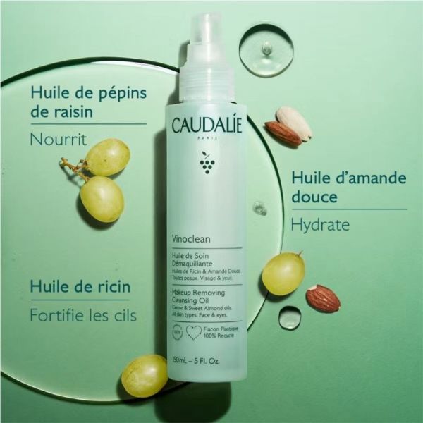 Caudalie Vinoclean Huile de Soin Démaquillante à l'Huile d'Amande Douce + Ricin 75ml – élimine le maquillage waterproof et nettoie en douceur
