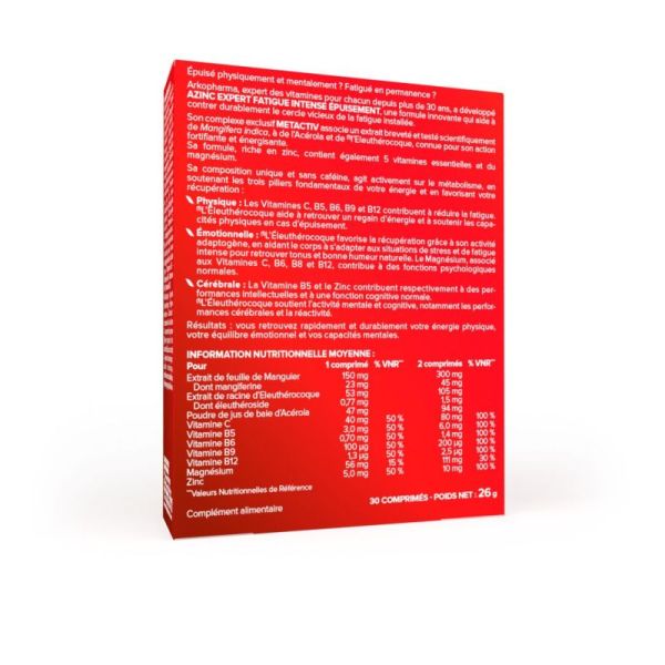 Arkopharma Azinc Expert Fatigue Intense Épuisement 30 comprimés - Energisant et récupération globale