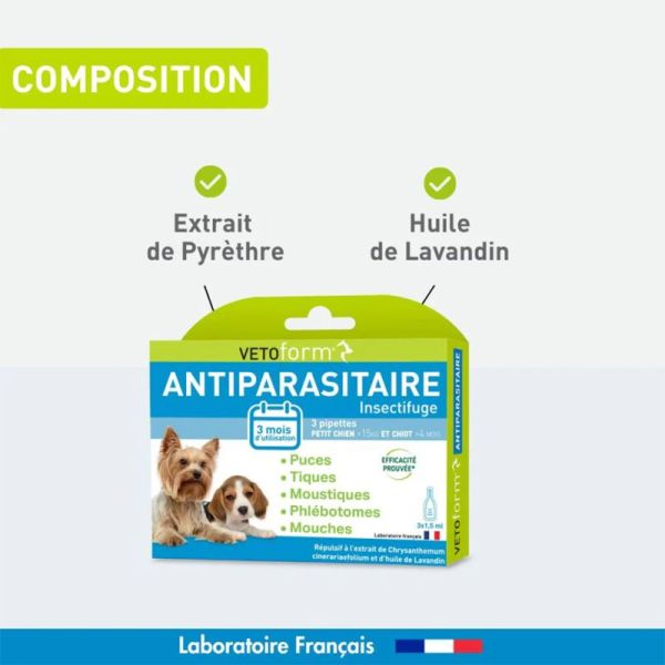 Vetoform Antiparasitaire pour Chien & Chiot - Moins de 15Kg - 3 pipettes - Protège contre puces, tiques et moustiques