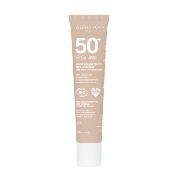 Alphanova Organic Sun Crème Solaire Teintée Dorée SPF50+ Bio Visage Invisible & Toucher Sec - 40g