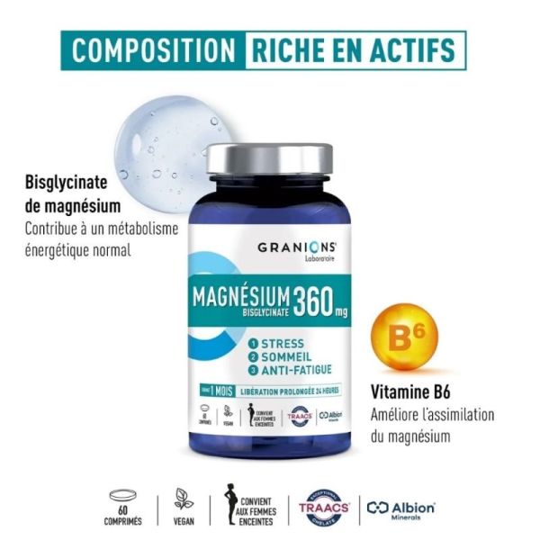 Granions Magnésium Bisglycinate 360 mg 60 comprimés – anti-fatigue, réduit le stress et améliore le sommeil