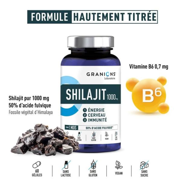Granions Shilajit 1000 Mg 60 Gélules - Énergie pure, soutien cognitif, récupération améliorée