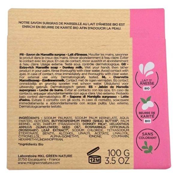 MKL Green Nature Savon Surgras de Marseille Lait d'Ânesse Bio 100 g - Corps et mains