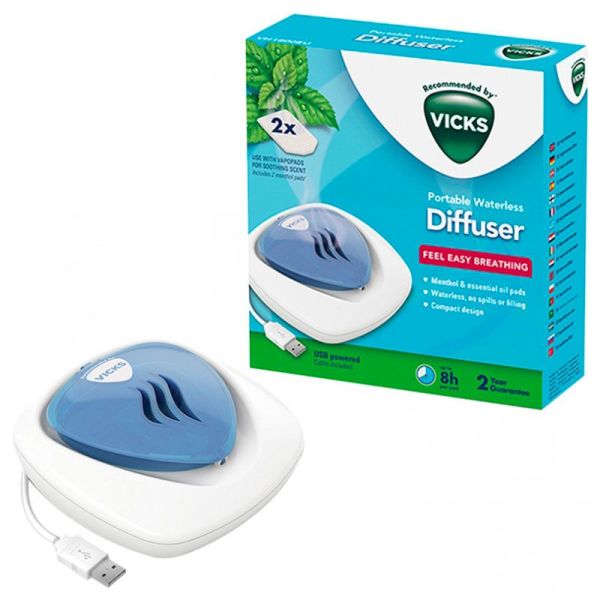 Vicks Diffuseur Portable Sans Eau + 2 Recharges VapoPads Parfumées au Menthol - 1 pièce