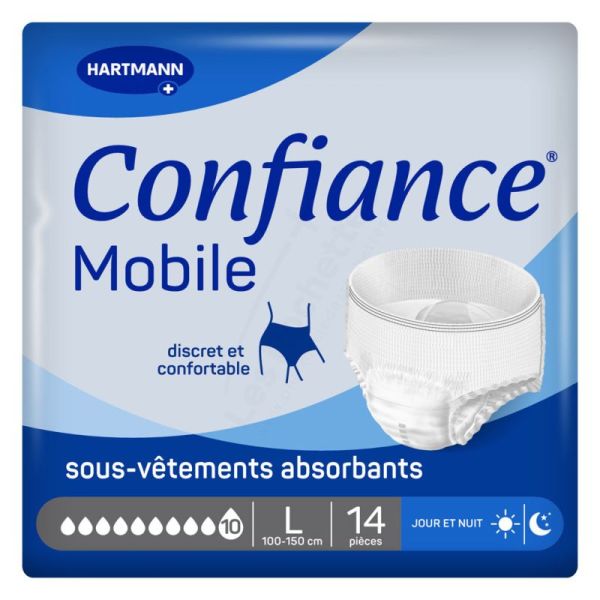 Confiance Mobile 10 Gouttes Taille L – 14 slips absorbants jour et nuit, discret et confortable, absorption rapide
