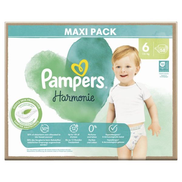 Pampers Harmonie Taille 6 /13+ kg - 58 Couches Mega Pack - Zéro parfum et lotion, hypoallergénique